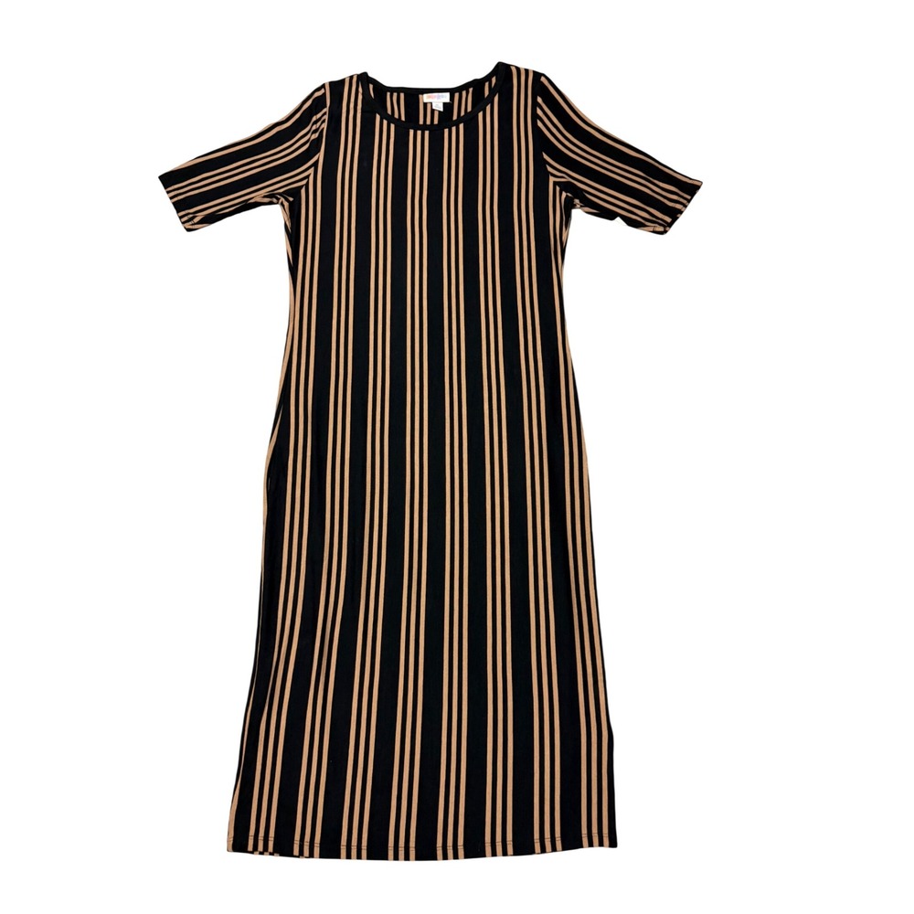 LuLaRoe Julia Sheath Dress XL NWT Black Tan Vertical Stripe Short Sleeve #151